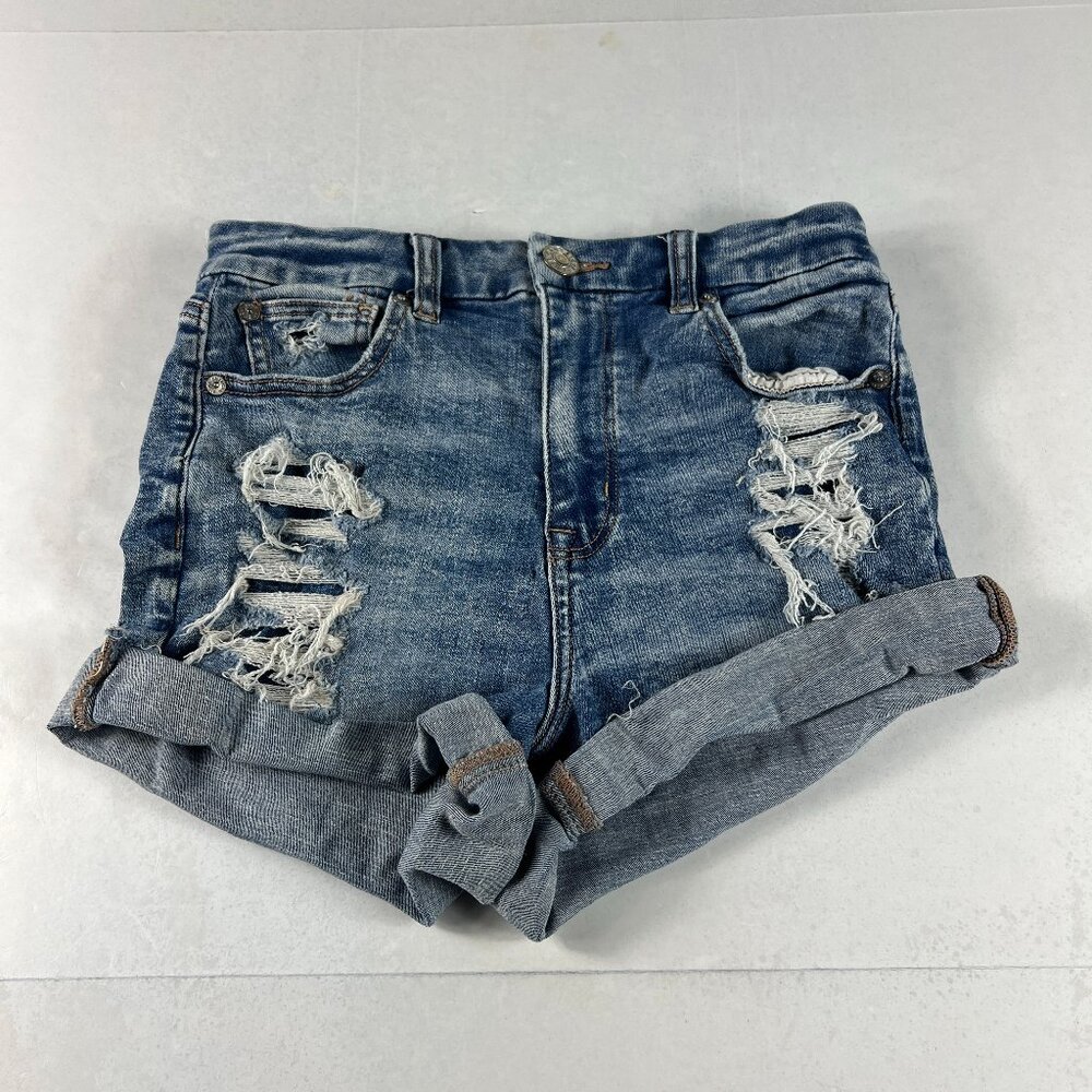 American Eagle Short Women 27* Curvy Hi Rise Shortie Blue Distressed Denim Tag 4